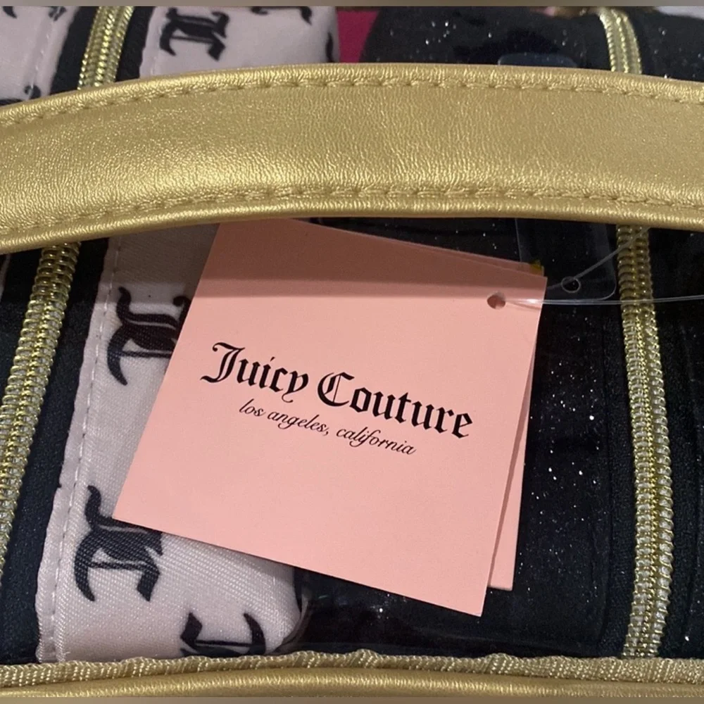 NWT Juicy Couture Gold & Black Cosmetic Bag Set PLUS Travel Toiletry Bottle NEW